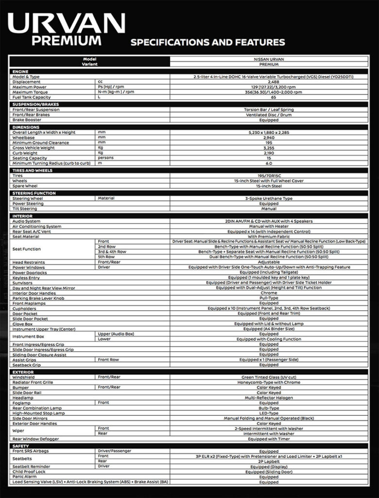 2017 nissan urvan premium brochure