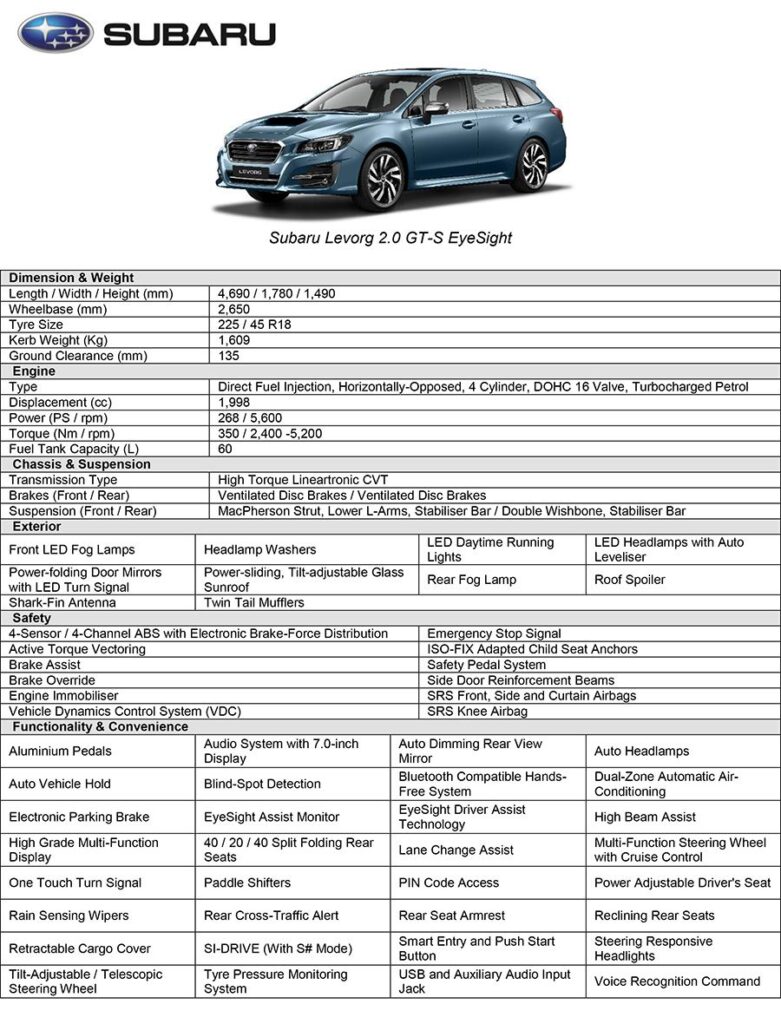 2018 subaru levorg 2l specsheet