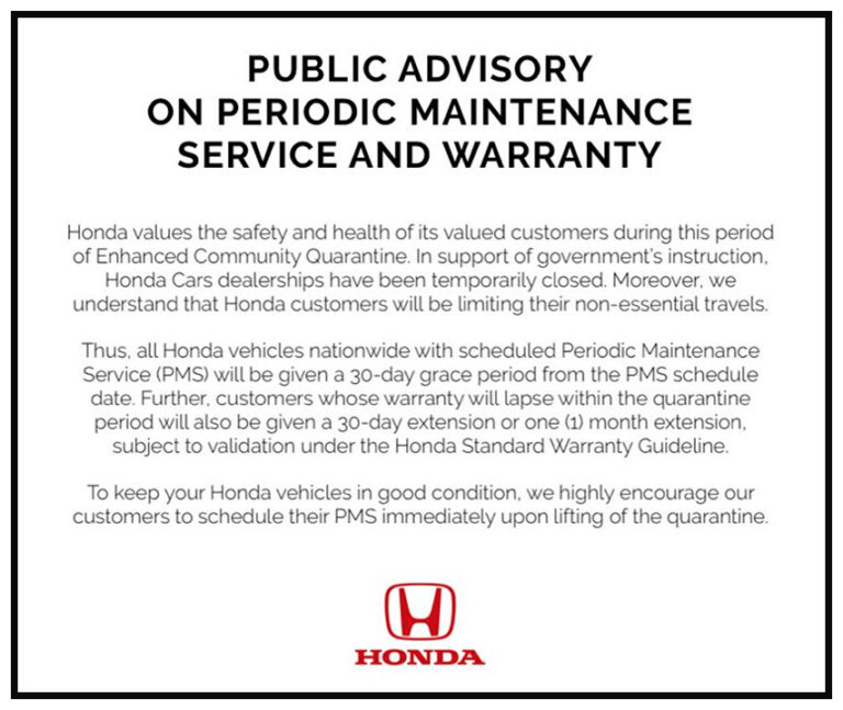 Honda PH Announces 30-Day Extension for PMS and Warranties 2020 Honda Service Extension Announcement